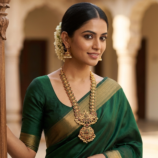 Chandrika Temple Motif Long Necklace Set - Pink & Green