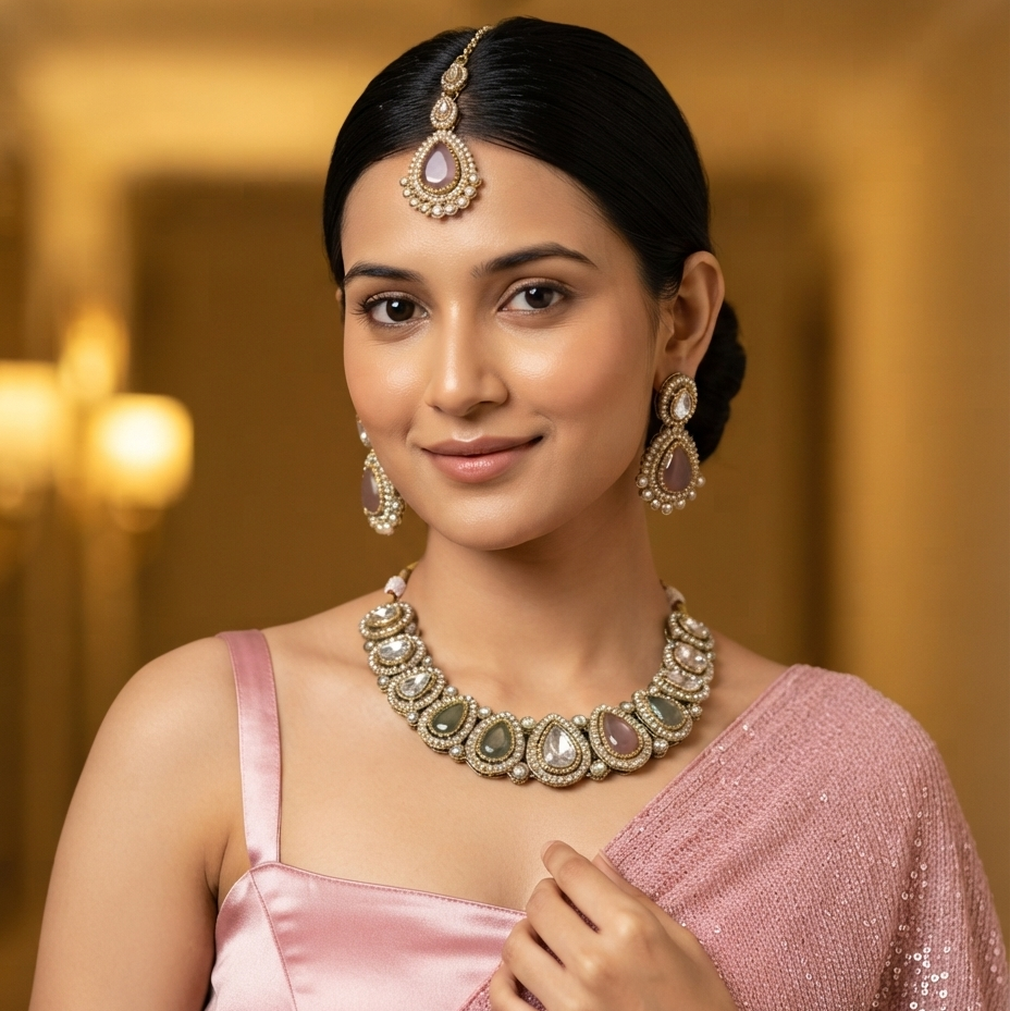Mannat Zircone Polki Lookalike Premium Necklace Set - Pastel Pink & Green