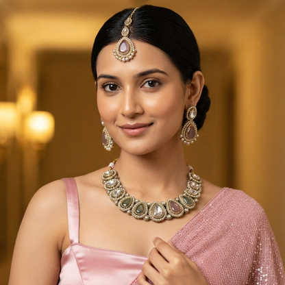 Mannat Zircone Polki Lookalike Premium Necklace Set - Pastel Pink & Green