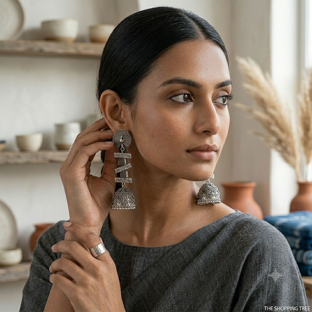 Peacock Stud Embellished Oxidised Jhumka Earring