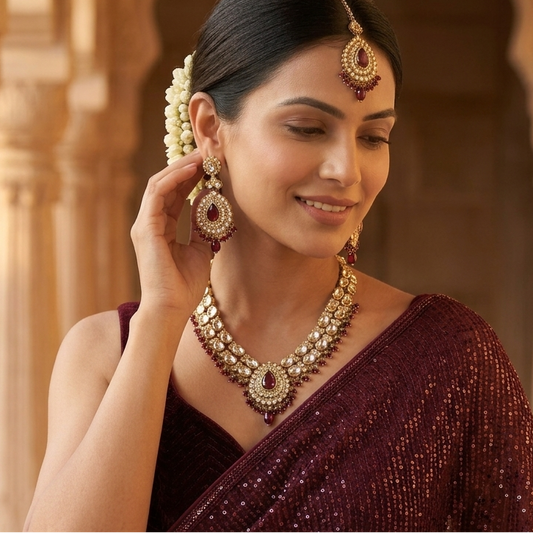 Bela Royal Kundan Necklace Set - Wine