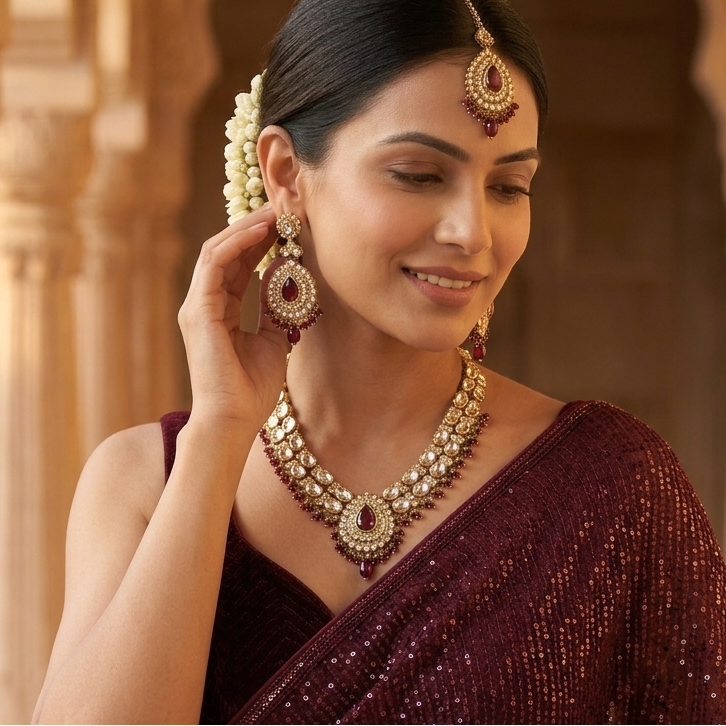 Bela Royal Kundan Necklace Set - Maroon