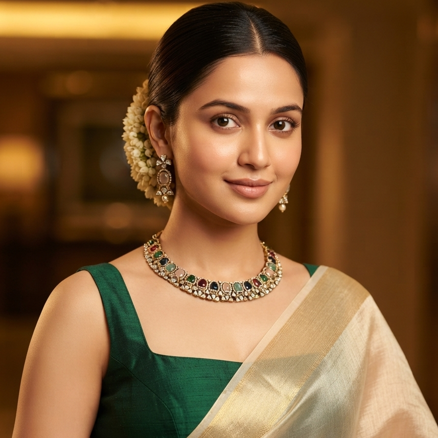 Nisa Navratan AD Necklace Set - Multi