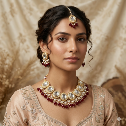 Saugaat Kundan Pearl Necklace Set with Earrings & Tika - Maroon