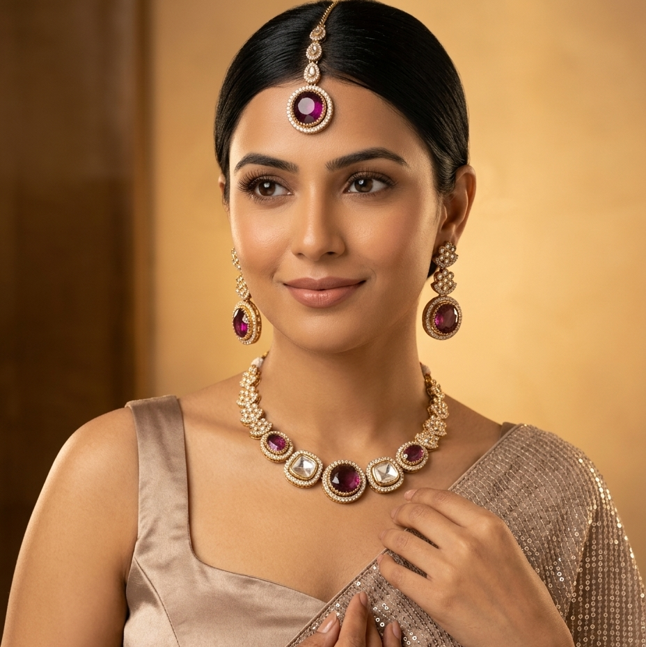 Naira AD Polki Look Alike Necklace Set - Wine