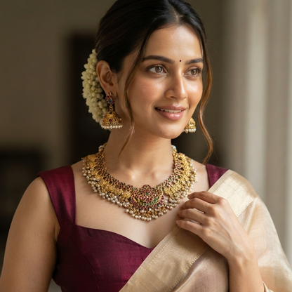Kalyani Temple Motif Necklace Set - Pink & Green