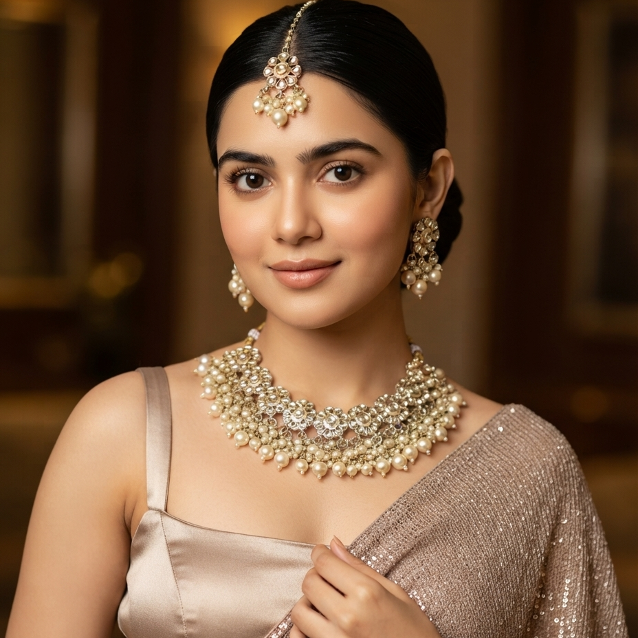 Ravneet Dabi Kundan Necklace Set - Golden