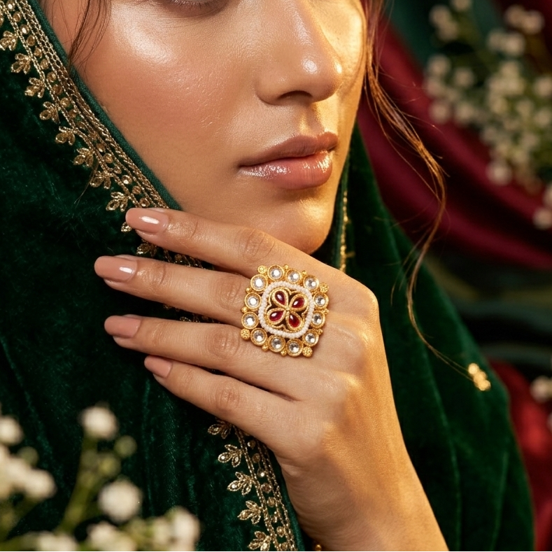 Kanishka Premium Kundan Ring - Pink