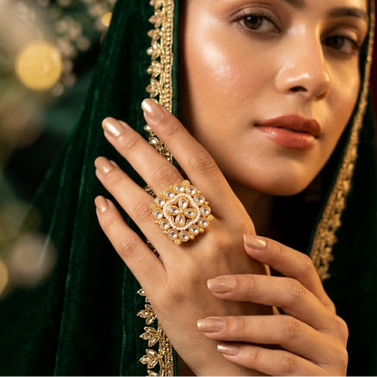 Kanishka Premium Kundan Ring - Golden