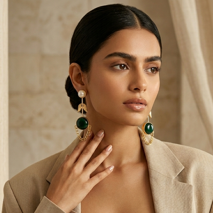 Veena Monalisa Stone Premium Brass Stud Earrings - Green