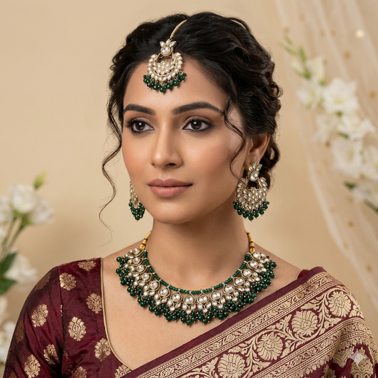 Harleen Premium Pearl Necklace Set - Green