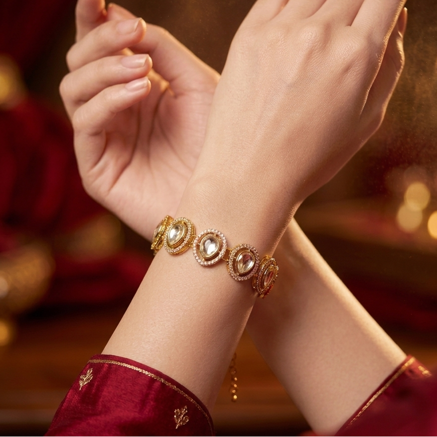 Jinisha adjustable antique gold polki bracelet featuring alternating oval and teardrop links with clear cz pave halos