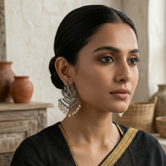 Rajas Motif Silver Oxidised Earrings