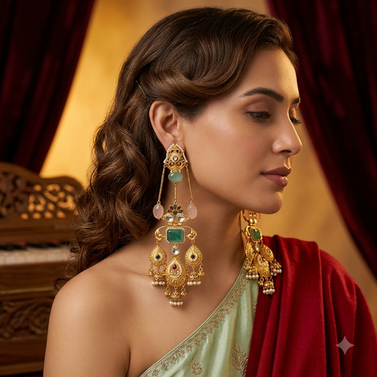 Jhankaar Premium Doublet Stone Kashmiri Brass Ghungroo Jhumka Earrings - Pastel Pink & Green