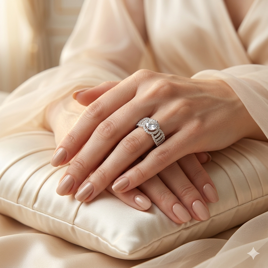 Avene wide american diamond silver adjustable ring featuring a round center cz halo prong stone and four micro pave crystal bands