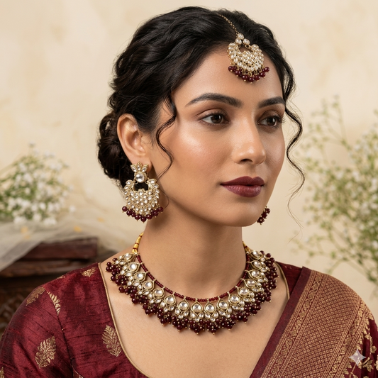 Harleen Premium Pearl Necklace Set - Maroon
