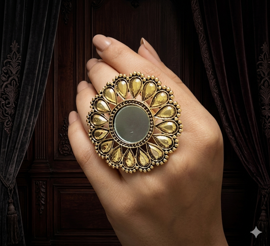 Boho golden mirror adjustable ring featuring an oversized circular center mirror and a sunburst halo of teardrop amber crystals