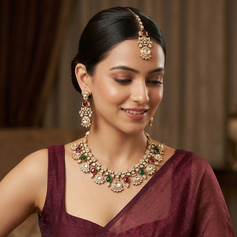 Jehana Premium Polki Lookalike Necklace Set - Maroon & Green
