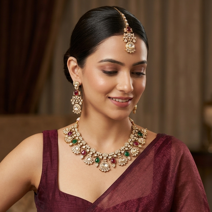 Jehana Premium Polki Lookalike Necklace Set - Maroon & Green