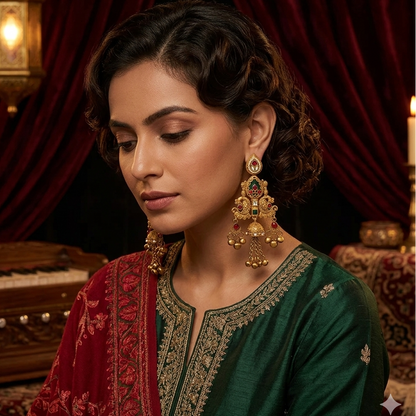 Mihir Fusion Rajwadi Kashmiri Brass Ghungroo Chandbali Earrings - Pink & Green