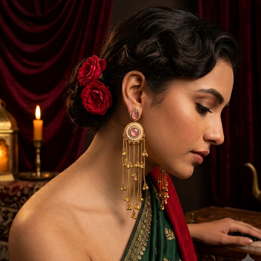 Shrenu Premium Kashmiri Brass Ghungroo Earrings - Pastel Pink