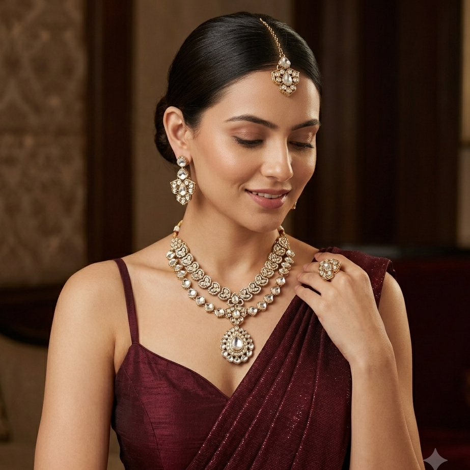 Jubair Double Layer Designer Zircone Golden Kundan Necklace Set