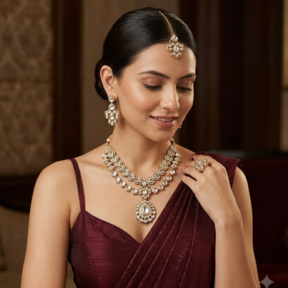 Jubair Double Layer Designer Zircone Golden Kundan Necklace Set