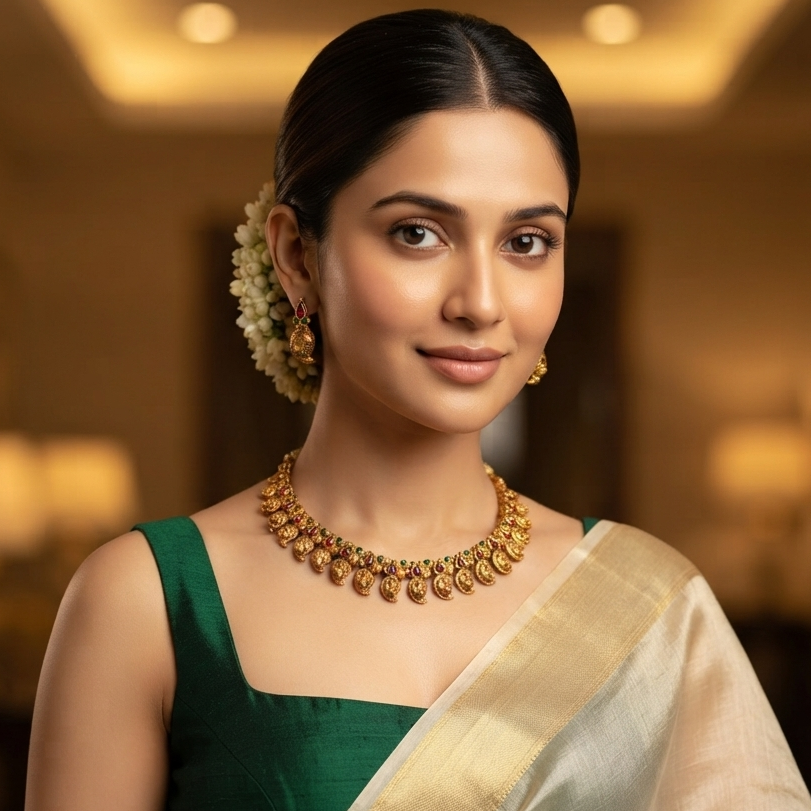 Amrapali Leaf Lakshmi Temple Necklace Set - Golden