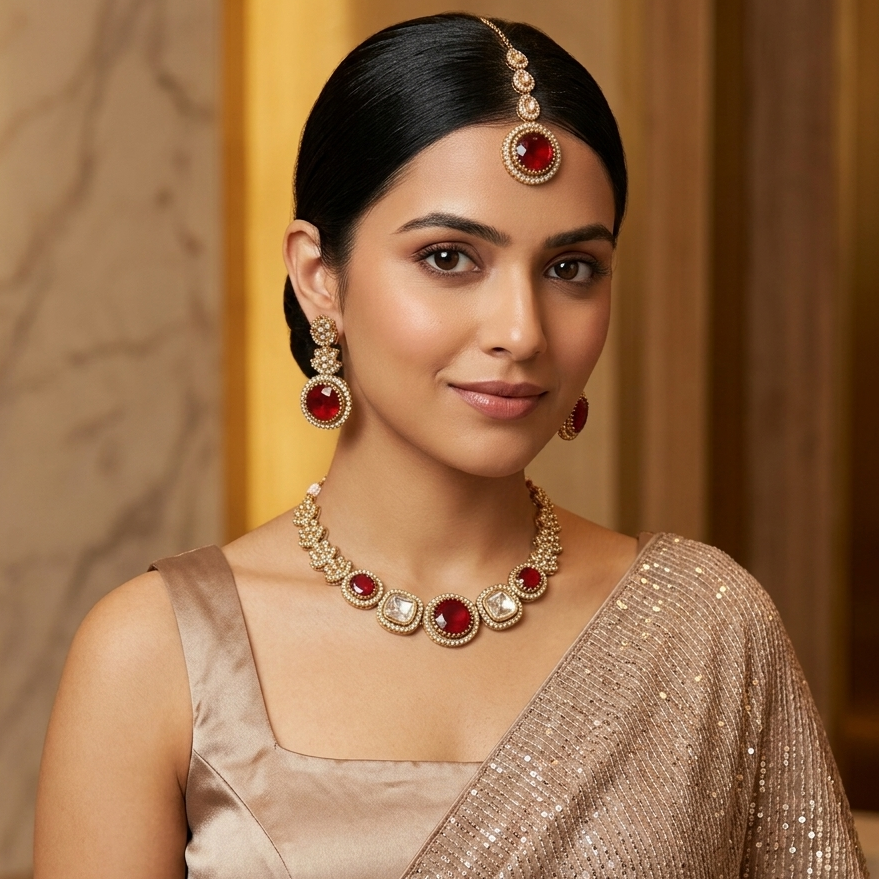 Naira AD Polki Look Alike Necklace Set - Maroon