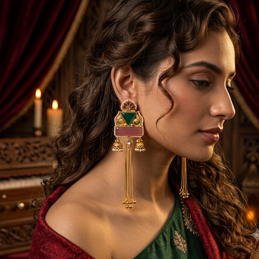 Jeenal Kashmiri Brass Ghungroo Earrings - Pastel Pink & Pastel Green
