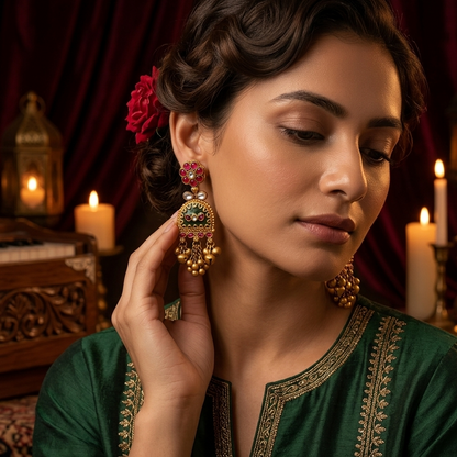 Shrinkhla Fusion Rajwadi Kashmiri Brass Ghungroo Chandbali Earrings - Pink & Green