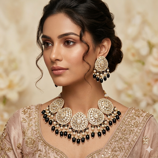 Mandarin Kundan Pearl Necklace Set - Black