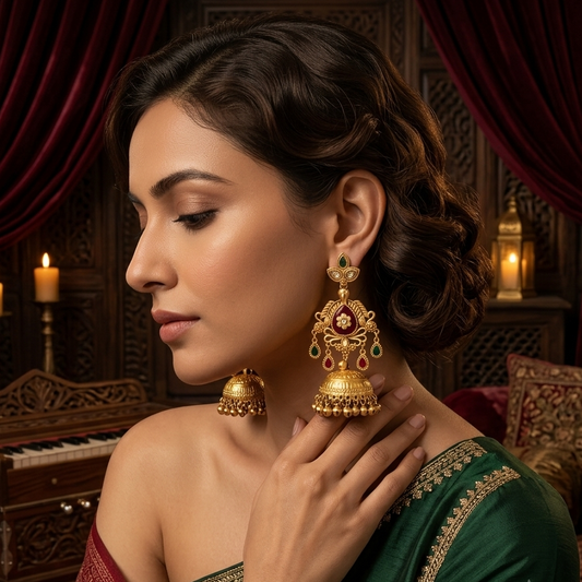 Kaira Premium Kashmiri Matte Polish Ghungroo Jhumka Earrings - Ruby & Green