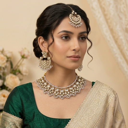 Harleen Premium Pearl Necklace Set - White