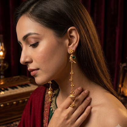 Edha premium antique brass kashmiri jhumka earrings featuring an all gold open triangular frame crescent plate and cascading chains with mini beads