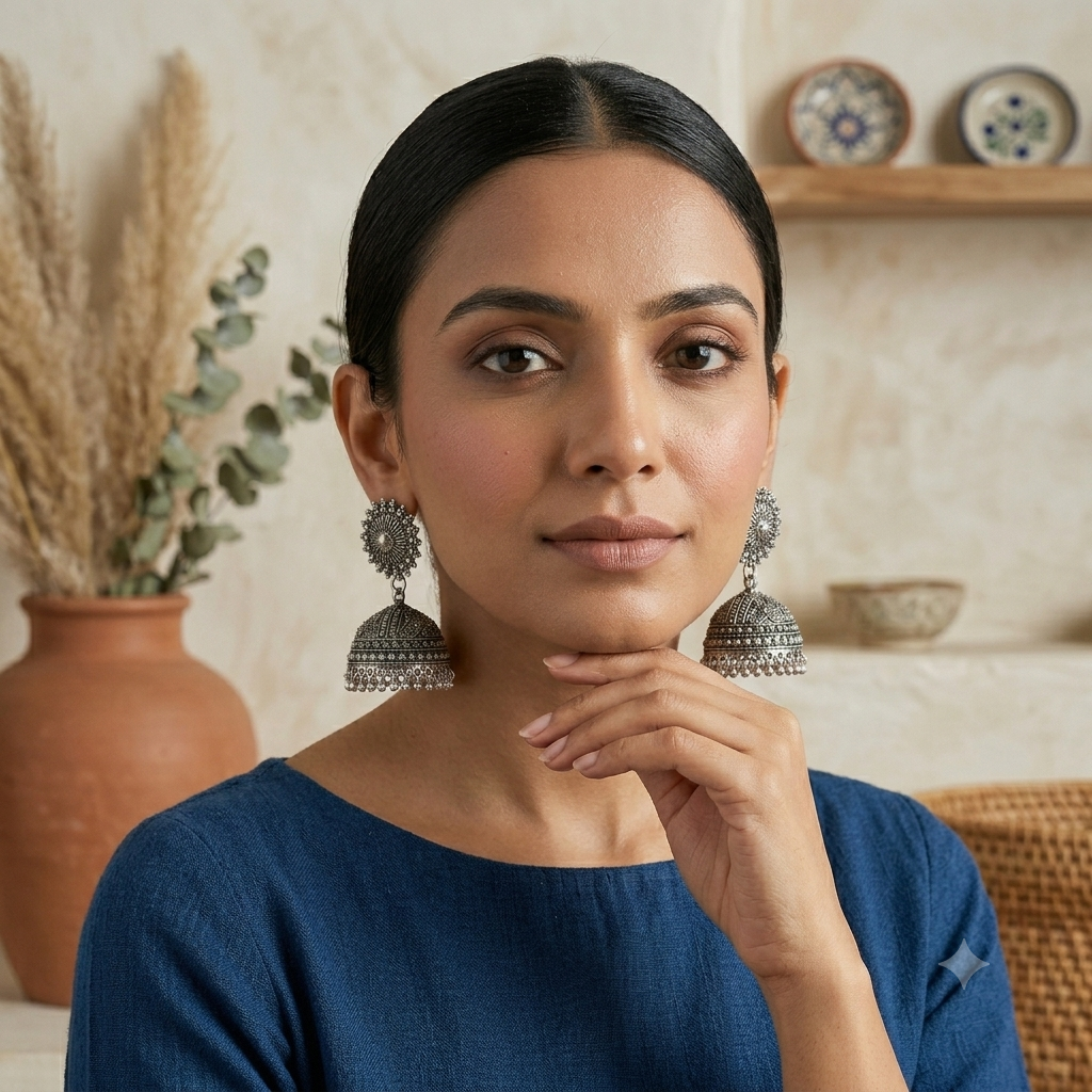 Sun Chakra Oxidised Silver Jhumka Earrings
