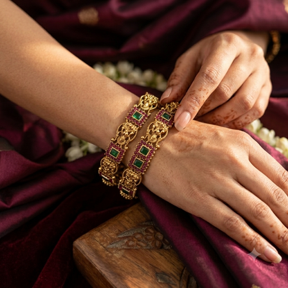 Yashaswini Lakshmi Temple Gold Bangles - Maroon & Green (Set of 2)