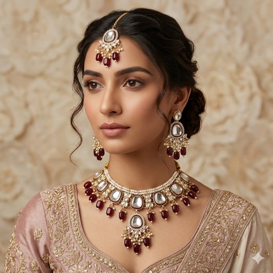 Kasish Kundan Necklace Set - Maroon