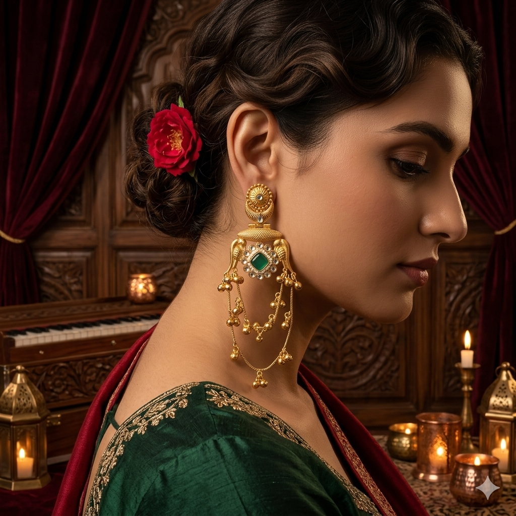 Rajitha premium antique brass kashmiri earrings featuring spade studs round green stone crescent chandbali plates and five long dangling gold chains with mini bead clusters