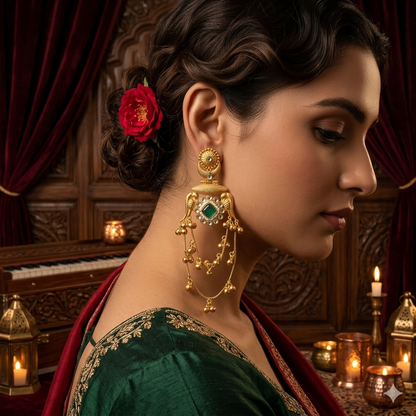 Rajitha premium antique brass kashmiri earrings featuring spade studs round green stone crescent chandbali plates and five long dangling gold chains with mini bead clusters