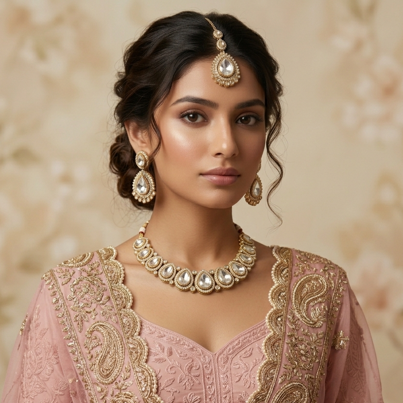 Mannat Zircone Polki Lookalike Premium Necklace Set - Golden