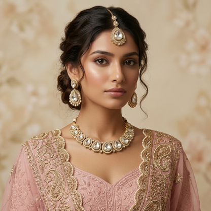 Mannat Zircone Polki Lookalike Premium Necklace Set - Golden