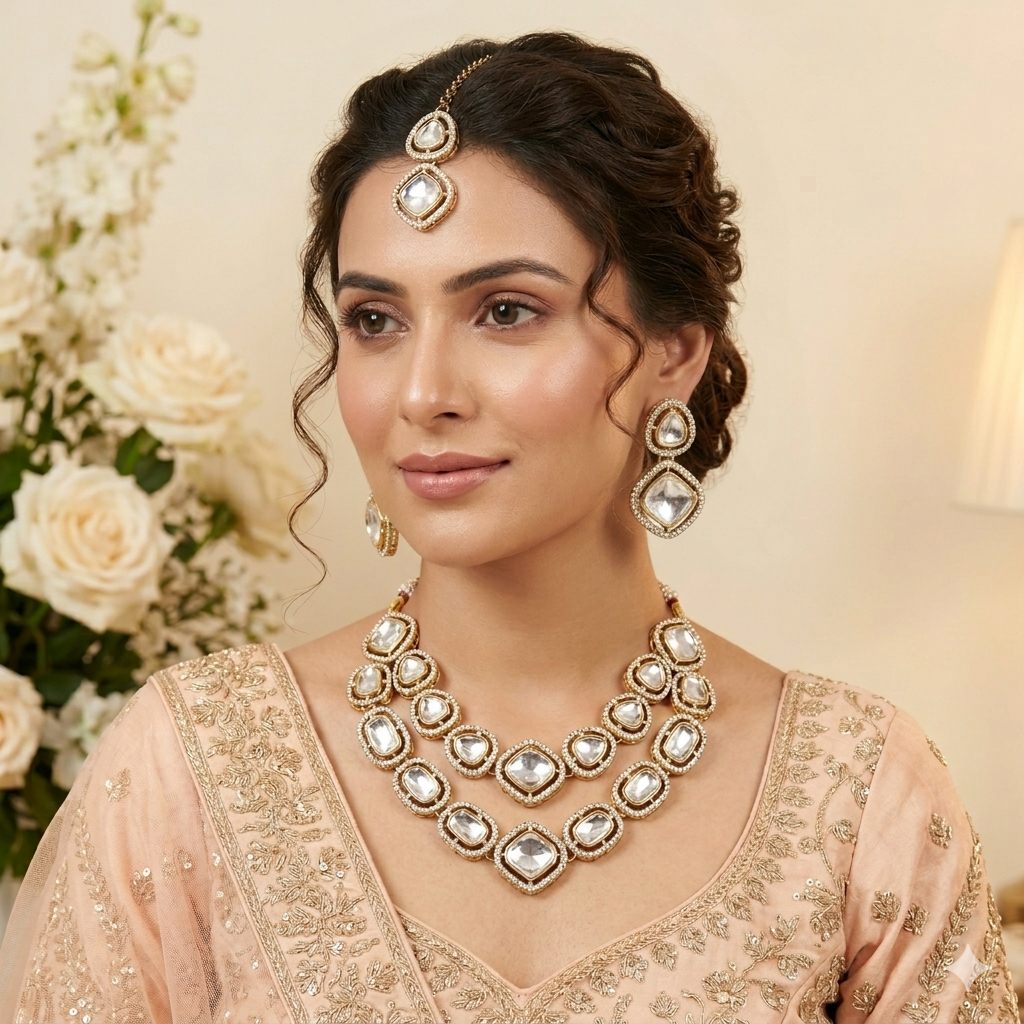 Gulnaj Double Layer Designer Zircone Golden Necklace Set