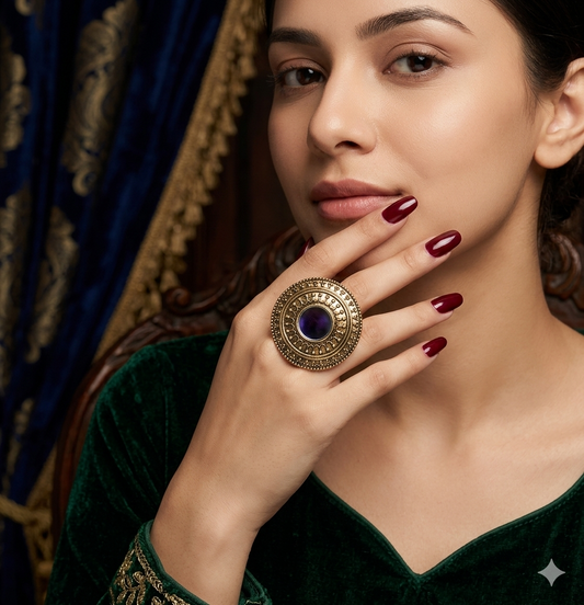 Traditional antique gold cocktail mirror adjustable ring featuring an oversized circular medallion with scalloped filigree borders