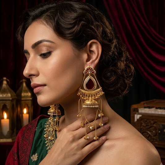 Midha premium antique brass kashmiri jhumka earrings featuring a large maroon teardrop stone in an open triangular frame crescent plate and cascading chains with pearls