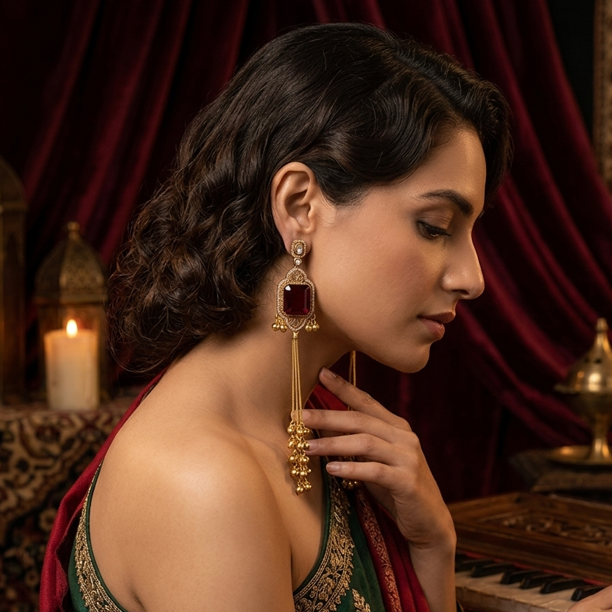 Vrikshika Premium Kashmiri Brass Ghungroo Earrings - Ruby