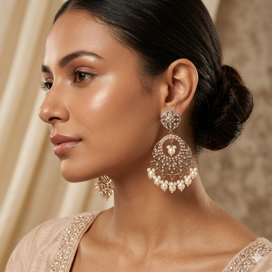 Subha antique gold jadau chandbali earrings with delicate floral filigree and a row of hanging white pearls worn by a model