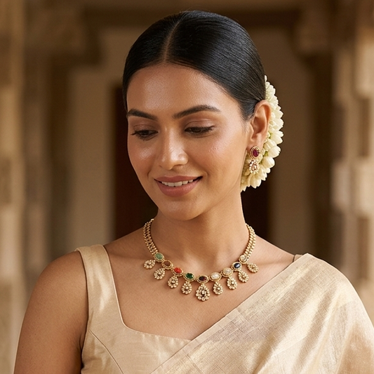 Ritika Navratan Temple AD Necklace Set - Multi