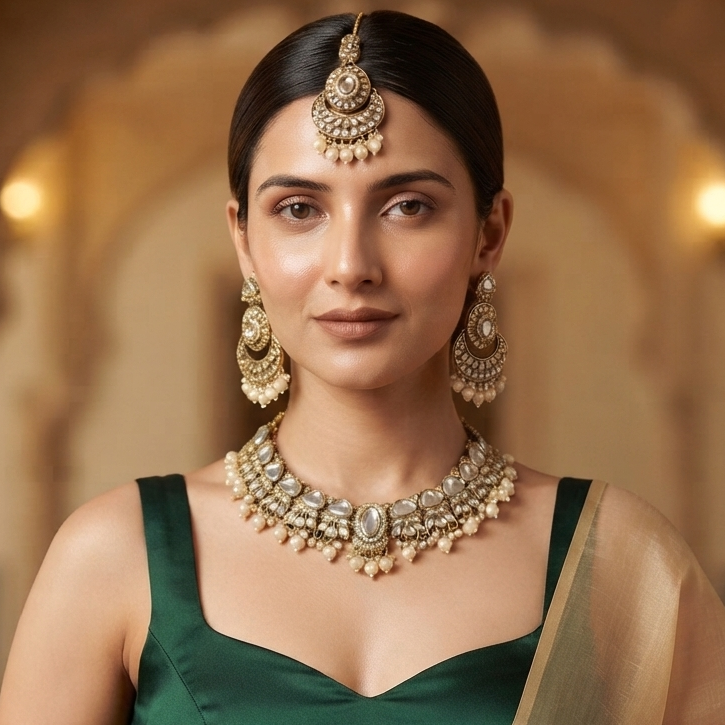 Rajnandini Pearl Kundan Necklace Set - Golden