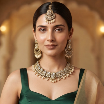 Rajnandini Pearl Kundan Necklace Set - Golden
